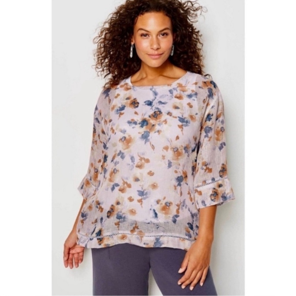 J. Jill Pure Jill Linen Airy Weave Floral Watercolor Top Size S